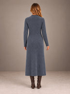 Women's Keyhole Knit Maxi Dress – Long Sleeve Fitted Sweater Dress in Slate Gray, back view
