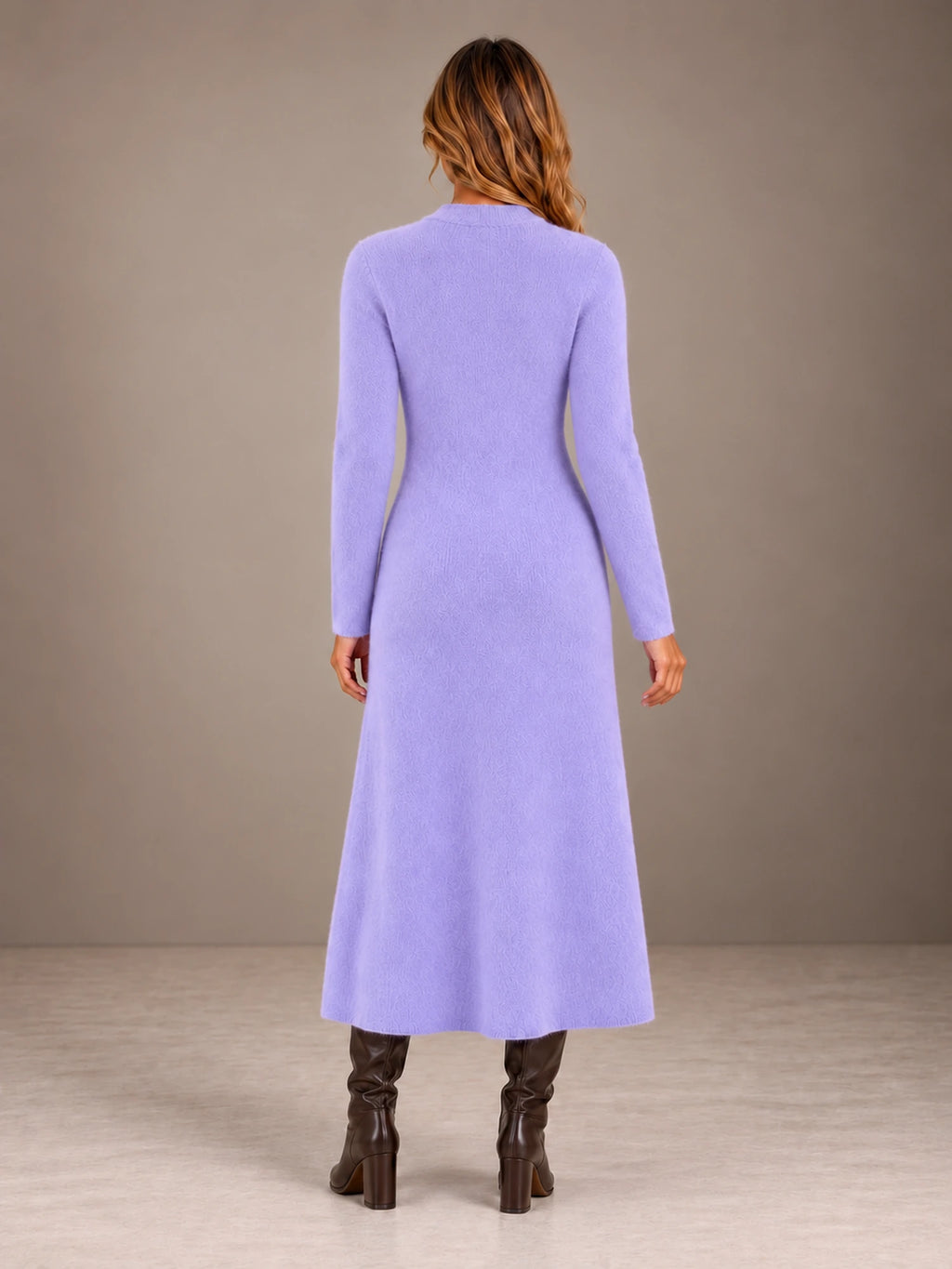 Women's Keyhole Knit Maxi Dress – Long Sleeve Fitted Sweater Dress in Lavender, back view
