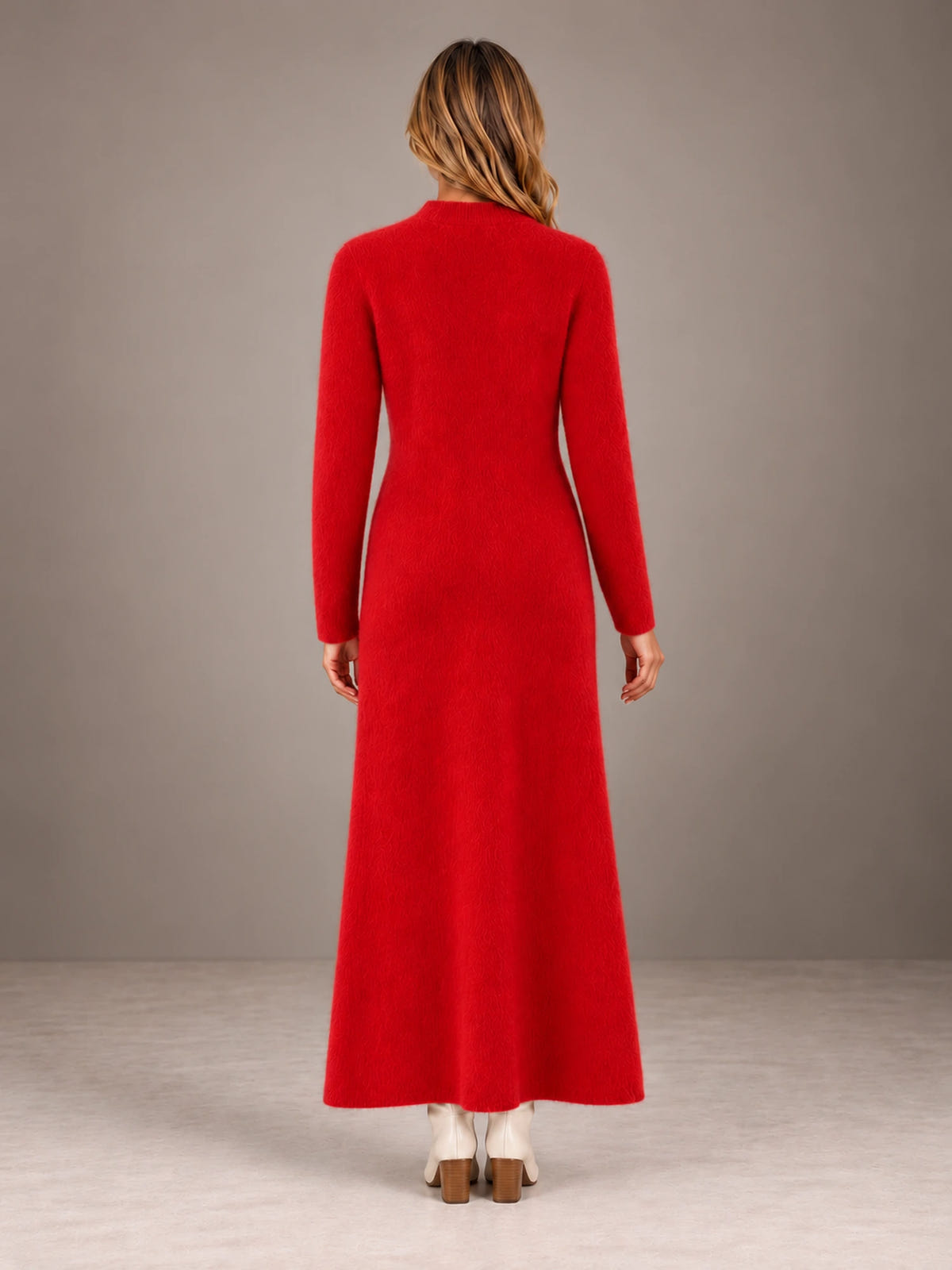 Women's Keyhole Knit Maxi Dress – Long Sleeve Fitted Sweater Dress in Red, back view