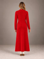 Women's Keyhole Knit Maxi Dress – Long Sleeve Fitted Sweater Dress in Red, back view