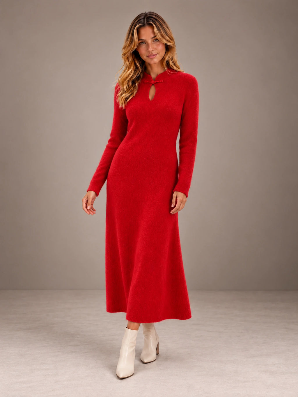 Women's Keyhole Knit Maxi Dress – Long Sleeve Fitted Sweater Dress in Red, on model view