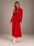 Women's Keyhole Knit Maxi Dress – Long Sleeve Fitted Sweater Dress in Red, on model view