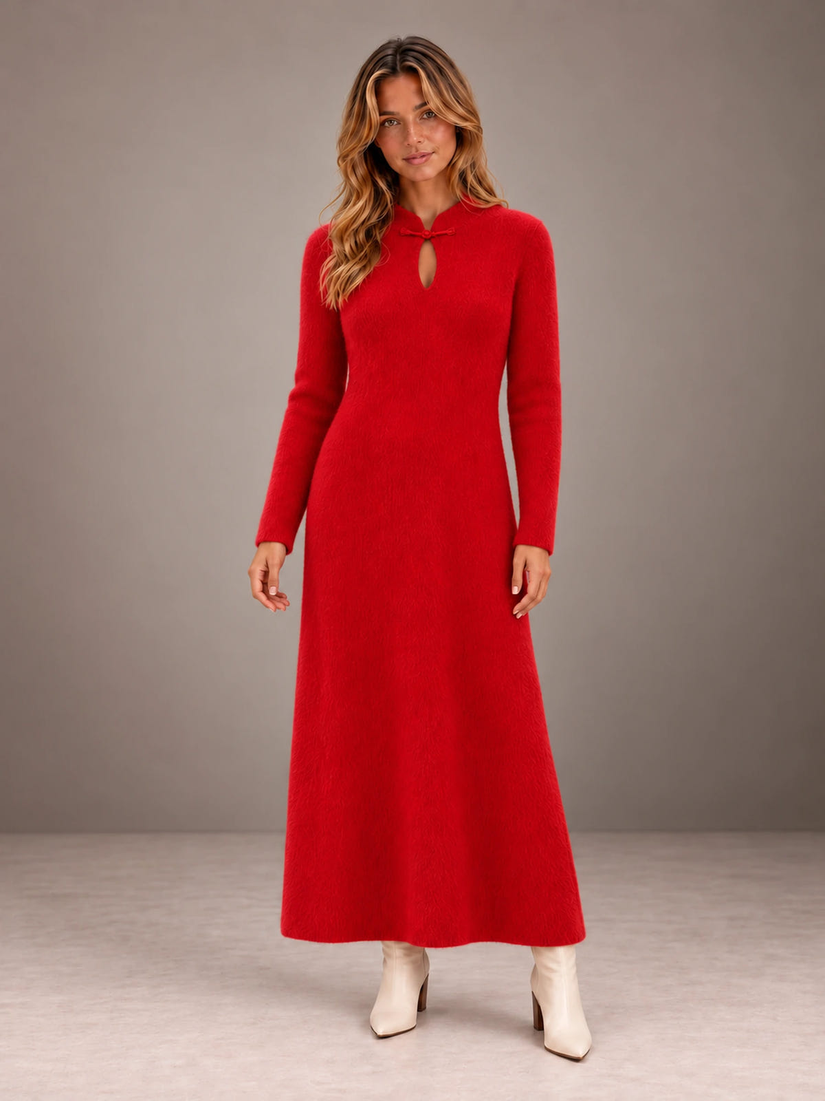 Women's Keyhole Knit Maxi Dress – Long Sleeve Fitted Sweater Dress in Red, front view
