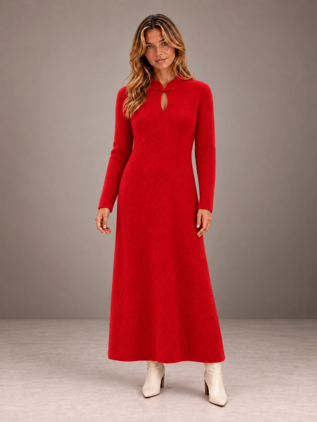 Women's Keyhole Knit Maxi Dress – Long Sleeve Fitted Sweater Dress in Red, front view