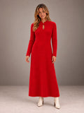 Women's Keyhole Knit Maxi Dress – Long Sleeve Fitted Sweater Dress in Red, front view