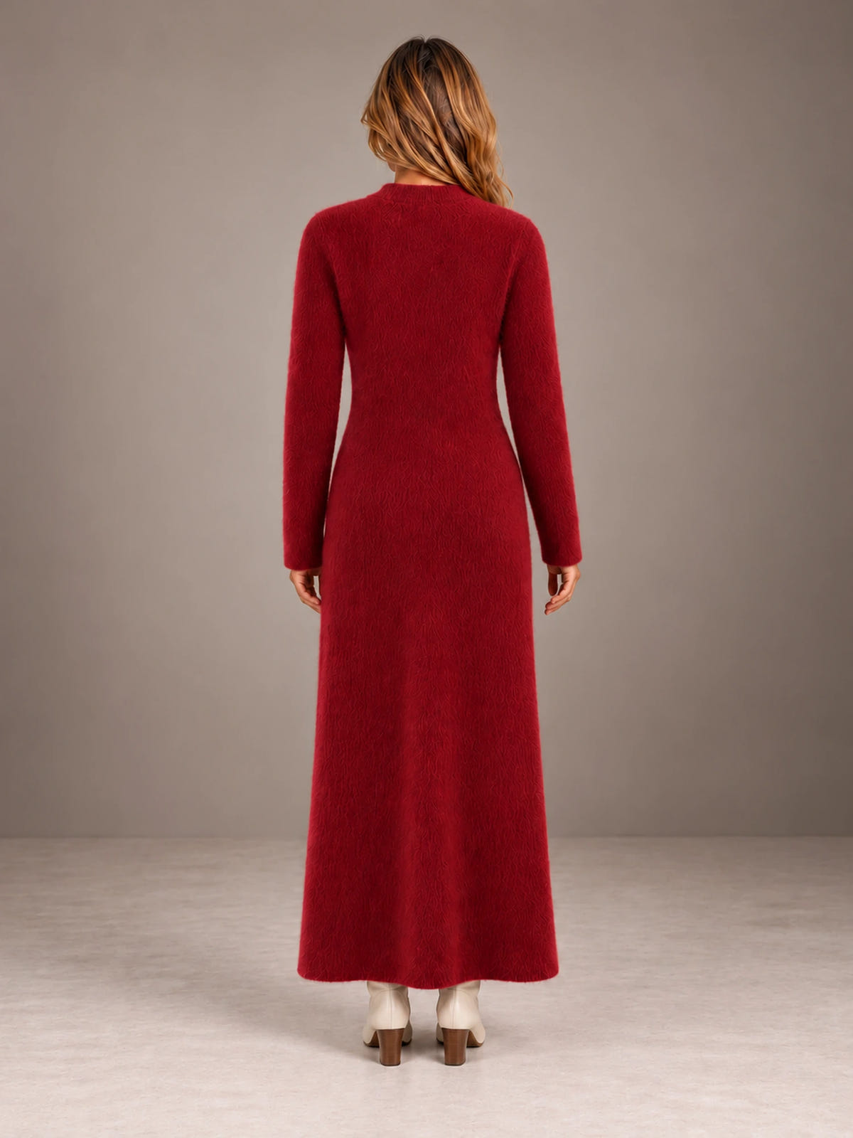 Women's Keyhole Knit Maxi Dress – Long Sleeve Fitted Sweater Dress in Burgundy, back view