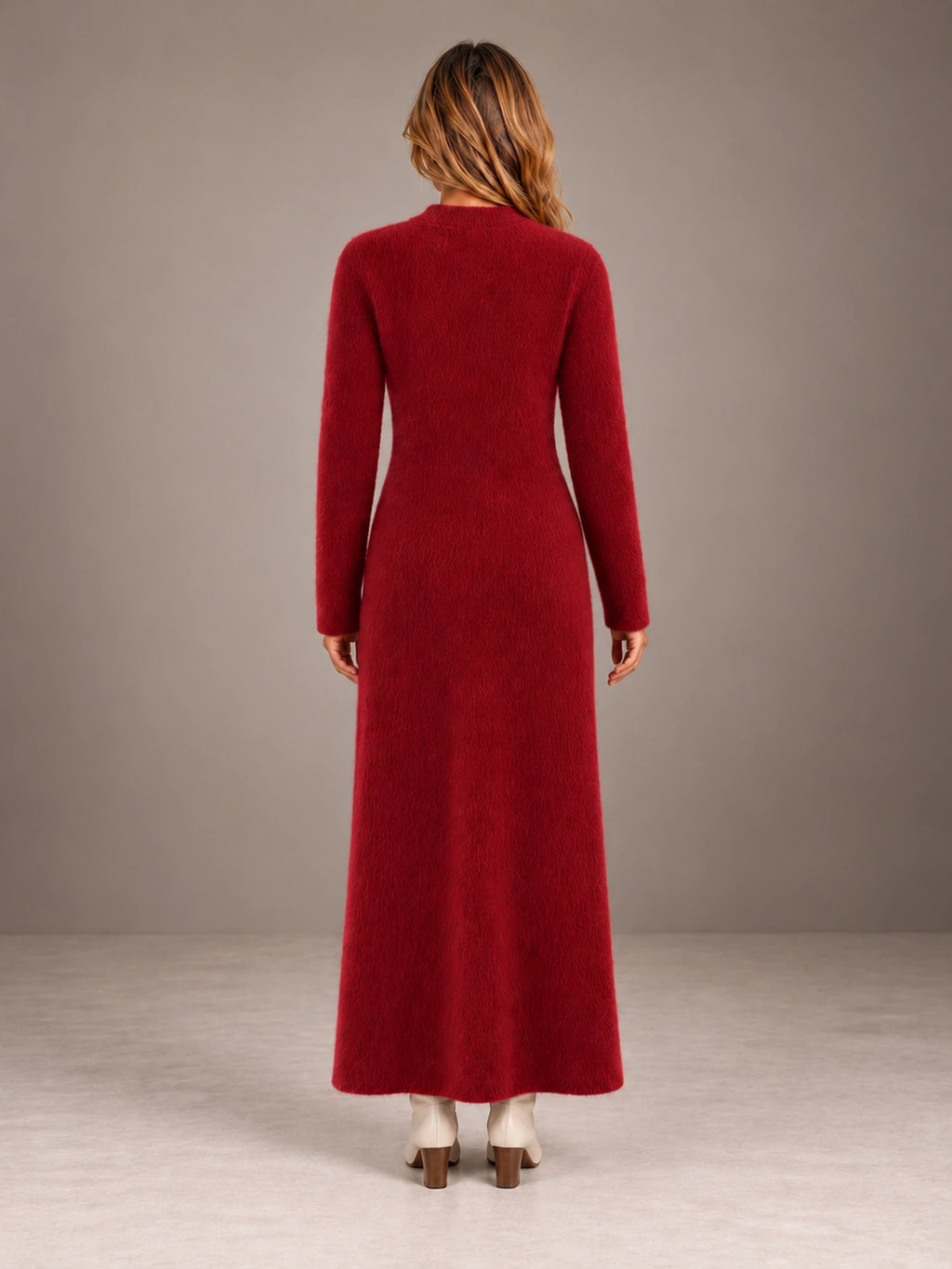 Women's Keyhole Knit Maxi Dress – Long Sleeve Fitted Sweater Dress in Burgundy, back view