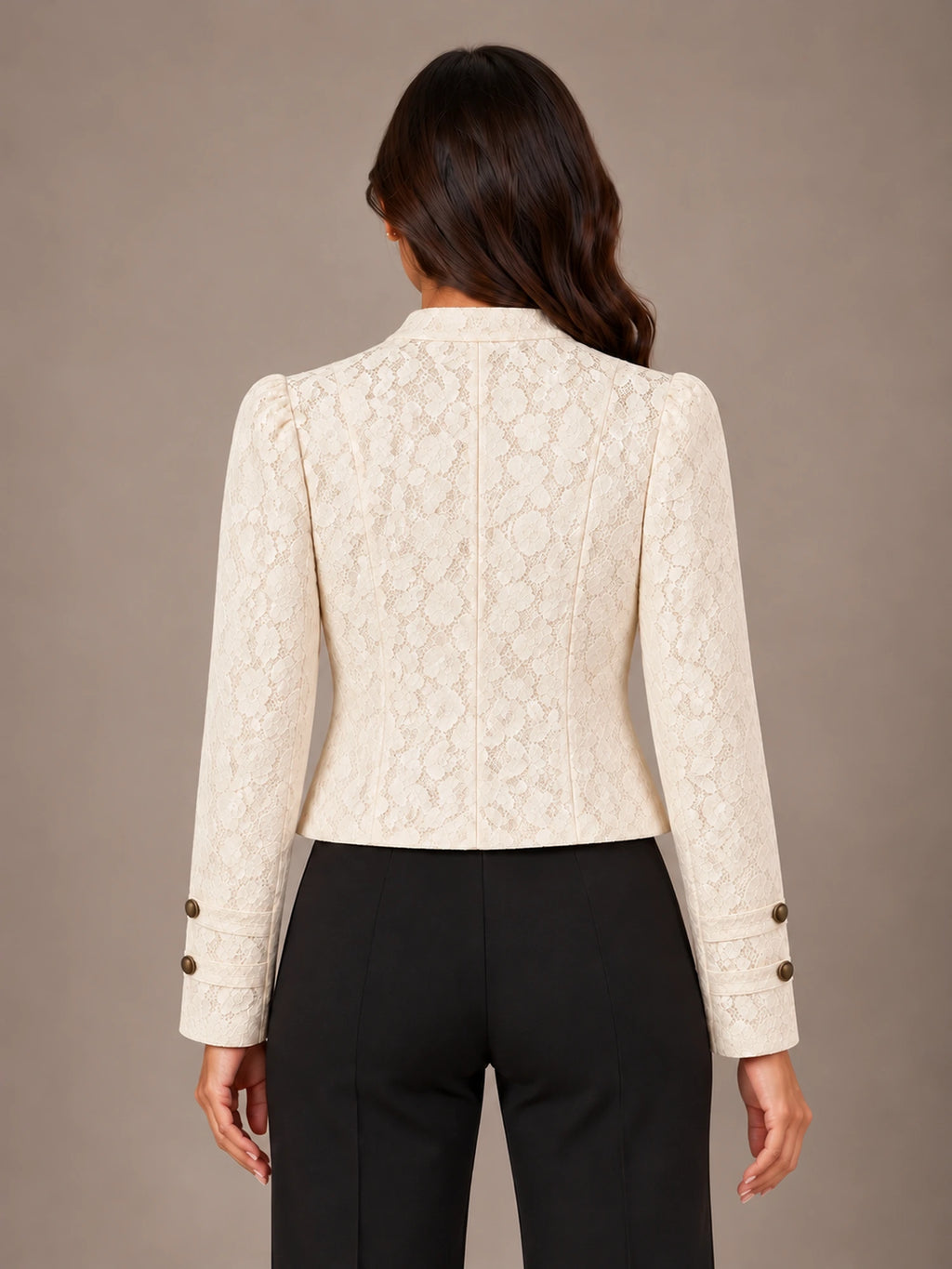 Women's Lace Military Jacket – Cropped Gold Button Ivory in Ivory, back view