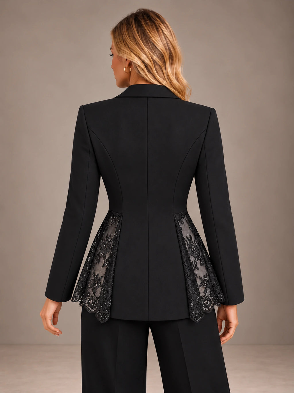 Women's Lace Panel Blazer – Single Button Peplum Tailored Jacket in Black, back view