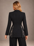 Women's Lace Panel Blazer – Single Button Peplum Tailored Jacket in Black, back view