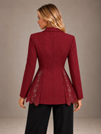 Women's Lace Panel Blazer – Single Button Peplum Tailored Jacket in Burgundy, back view