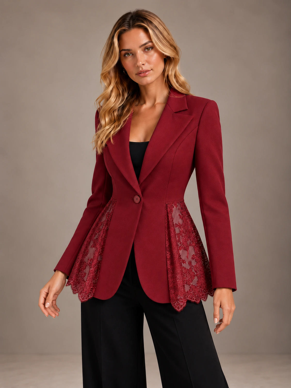 Women's Lace Panel Blazer – Single Button Peplum Tailored Jacket in Burgundy, on model view