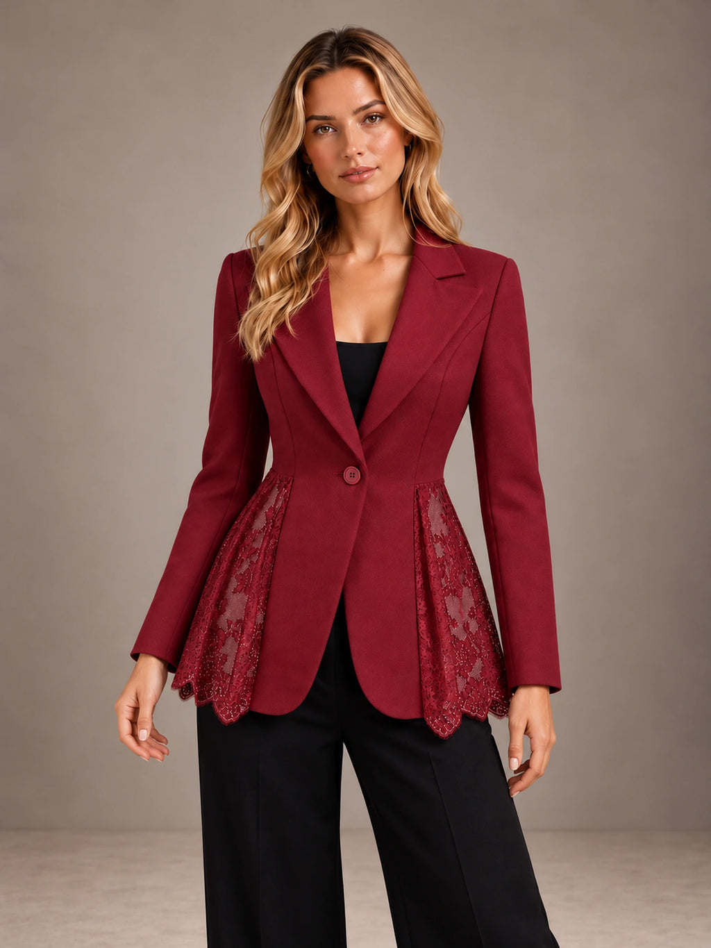 Women's Lace Panel Blazer – Single Button Peplum Tailored Jacket in Burgundy, front view