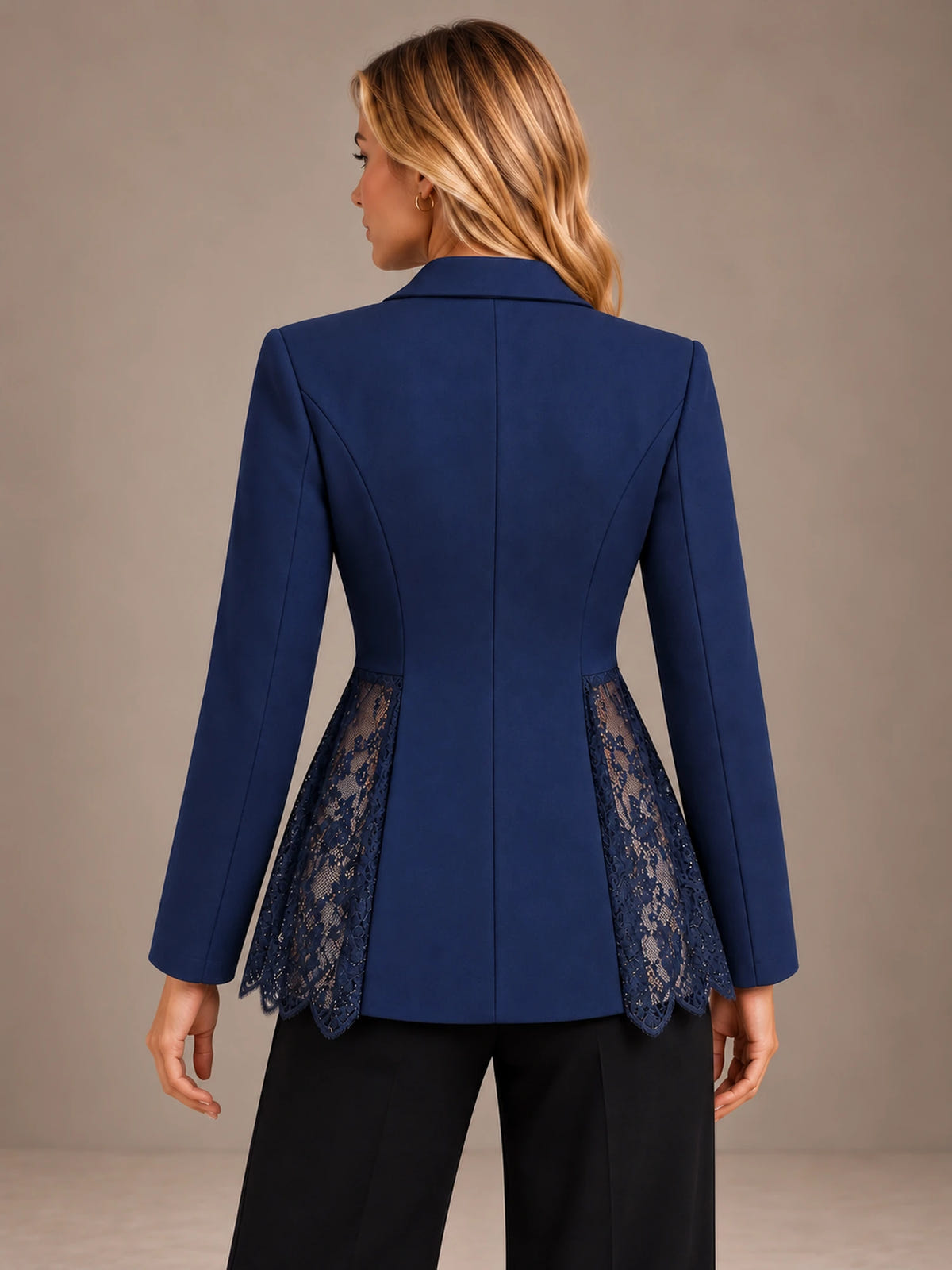 Women's Lace Panel Blazer – Single Button Peplum Tailored Jacket in Navy, back view