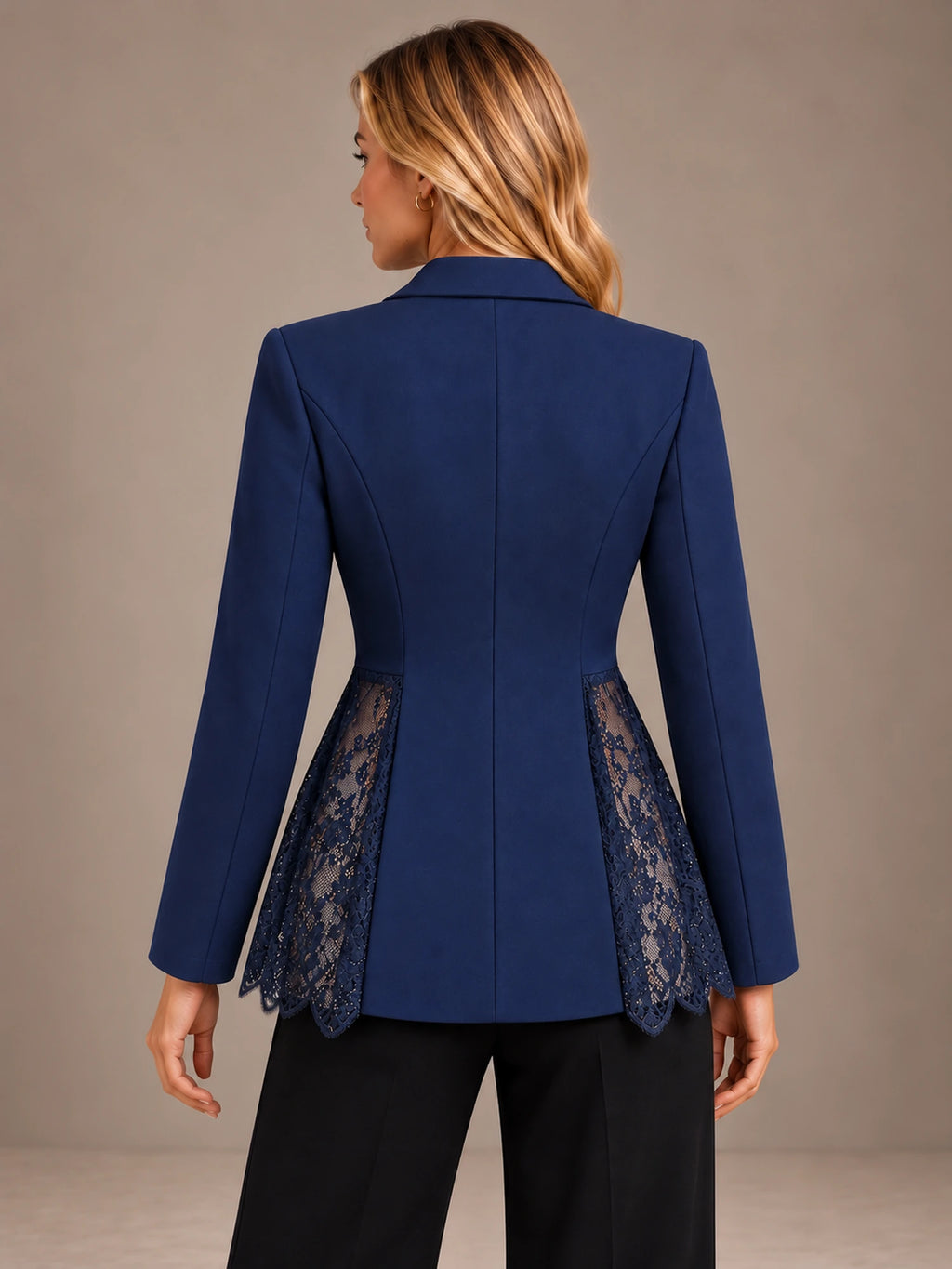 Women's Lace Panel Blazer – Single Button Peplum Tailored Jacket in Navy, back view