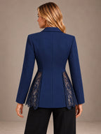 Women's Lace Panel Blazer – Single Button Peplum Tailored Jacket in Navy, back view