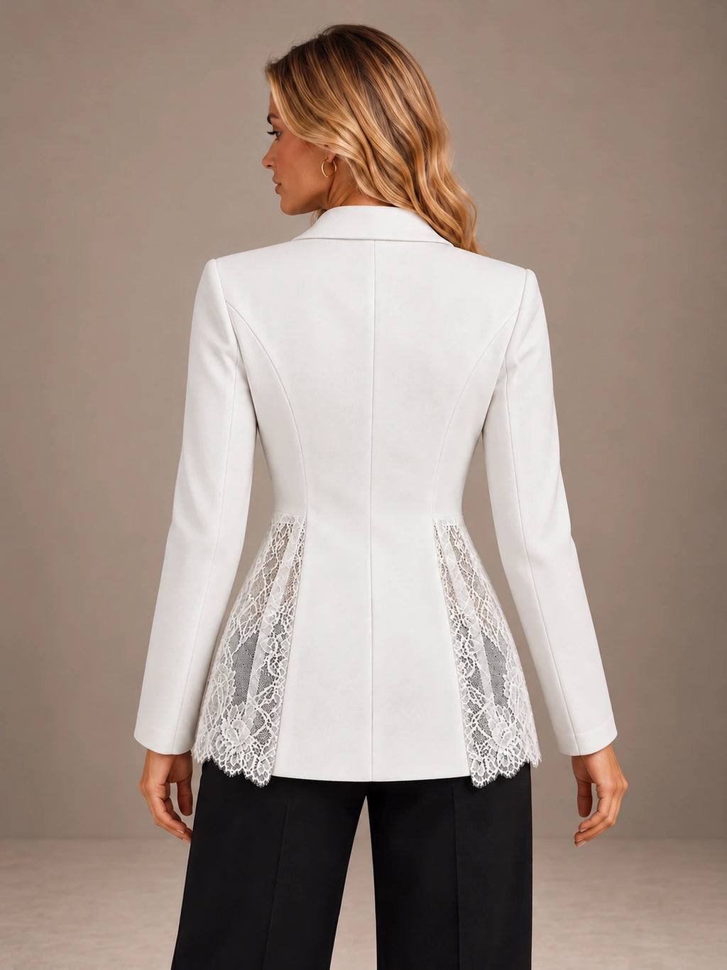 Women's Lace Panel Blazer – Single Button Peplum Tailored Jacket in White, back view