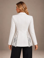 Women's Lace Panel Blazer – Single Button Peplum Tailored Jacket in White, back view