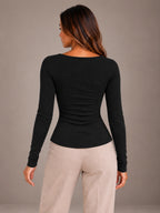 Women's Lace Trim Ruched Top – Tie Front Long Sleeve Layered Look in Black / White, back view