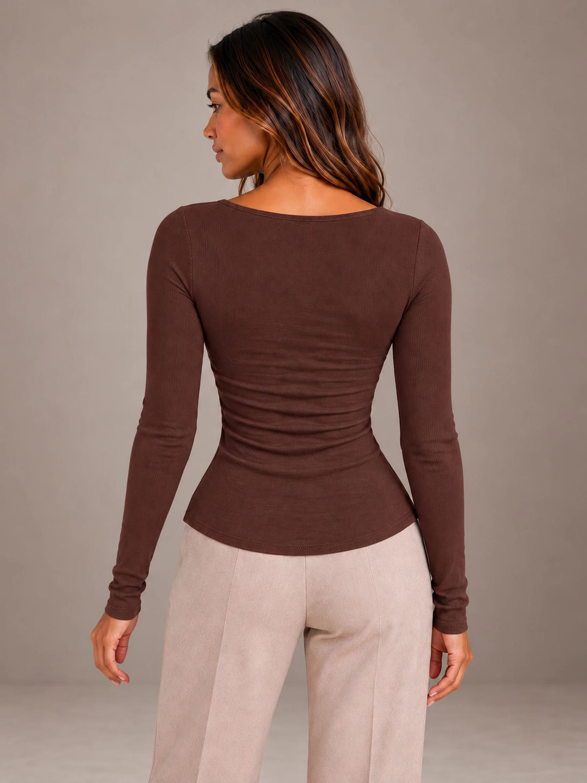 Women's Lace Trim Ruched Top – Tie Front Long Sleeve Layered Look in Brown / Pink, back view