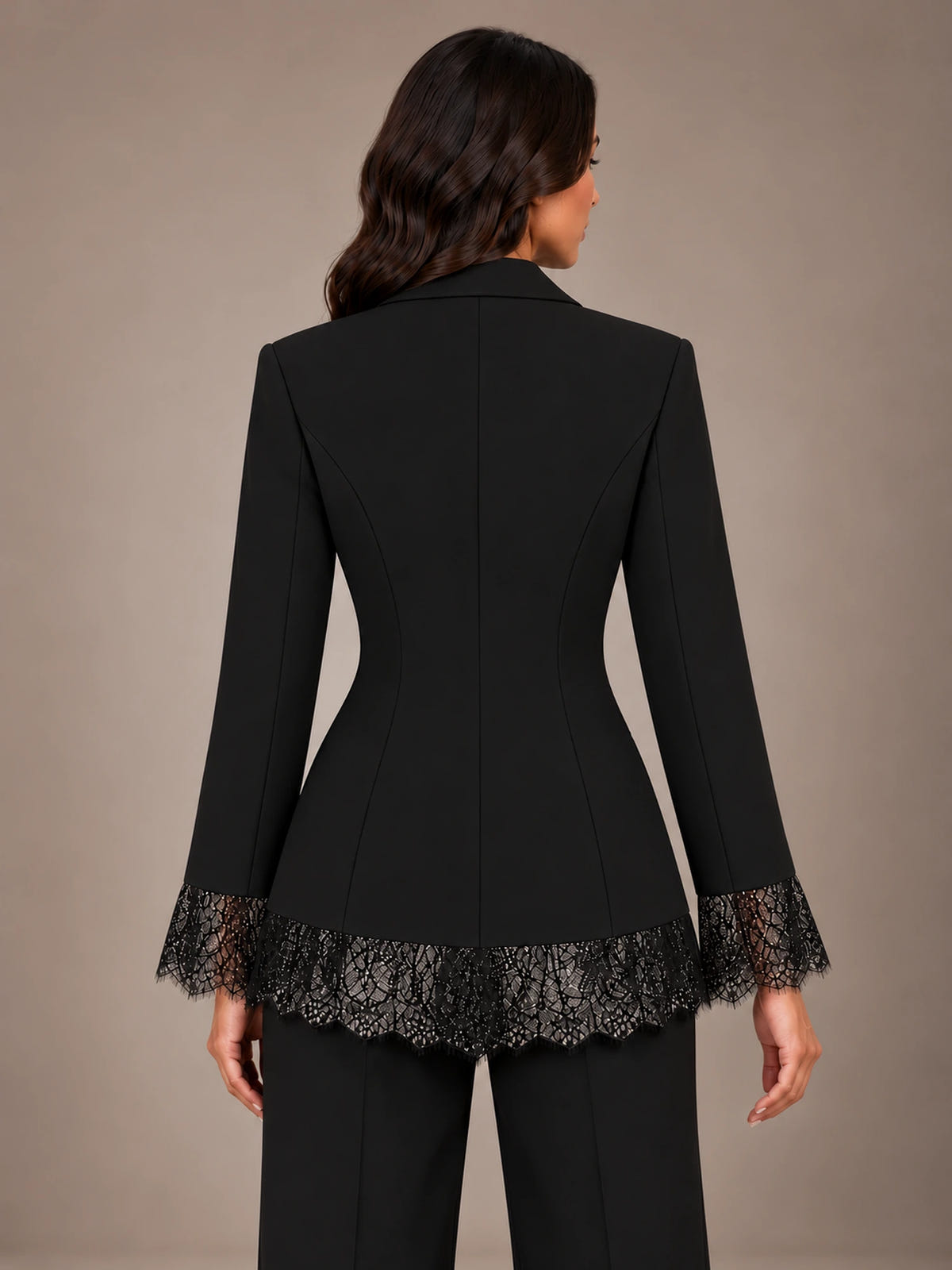 Women's Lace Hem Blazer – Two Button Fitted Peplum Jacket in Black, back view