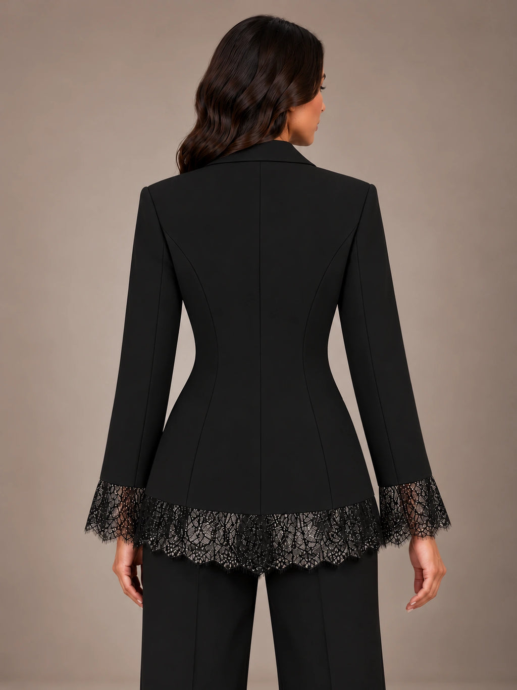 Women's Lace Hem Blazer – Two Button Fitted Peplum Jacket in Black, back view