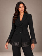 Women's Lace Hem Blazer – Two Button Fitted Peplum Jacket in Black, on model view