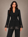 Women's Lace Hem Blazer – Two Button Fitted Peplum Jacket in Black, front view