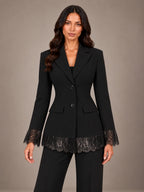 Women's Lace Hem Blazer – Two Button Fitted Peplum Jacket in Black, front view