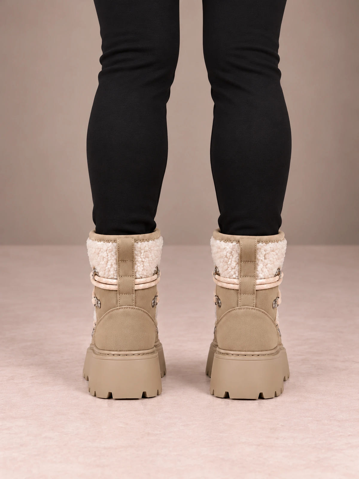 Women's Lace-Up Hiking Snow Boots – Chunky Platform Knit Collar in Beige, back view