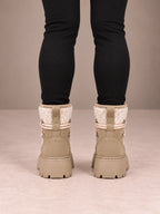 Women's Lace-Up Hiking Snow Boots – Chunky Platform Knit Collar in Beige, back view