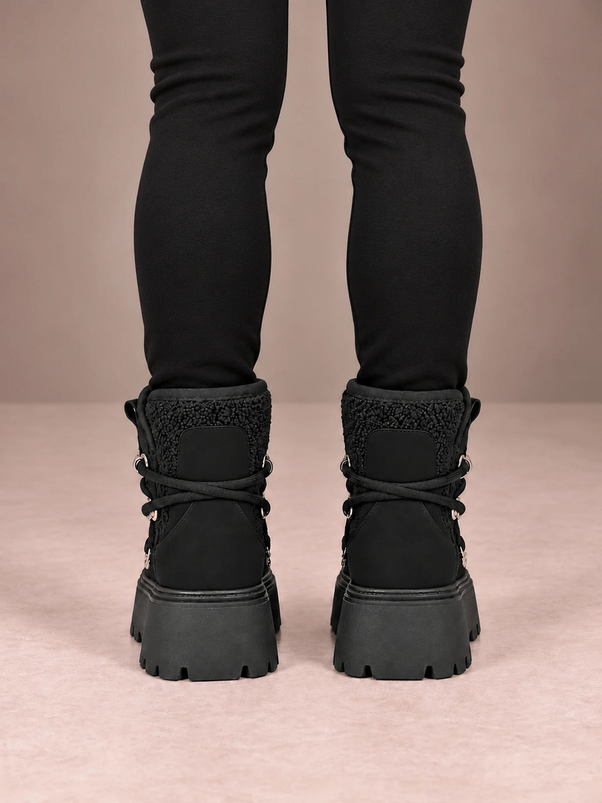 Women's Lace-Up Hiking Snow Boots – Chunky Platform Knit Collar in Black, back view