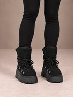 Women's Lace-Up Hiking Snow Boots – Chunky Platform Knit Collar in Black, front view