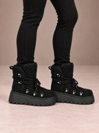 Women's Lace-Up Hiking Snow Boots – Chunky Platform Knit Collar in Black, side view