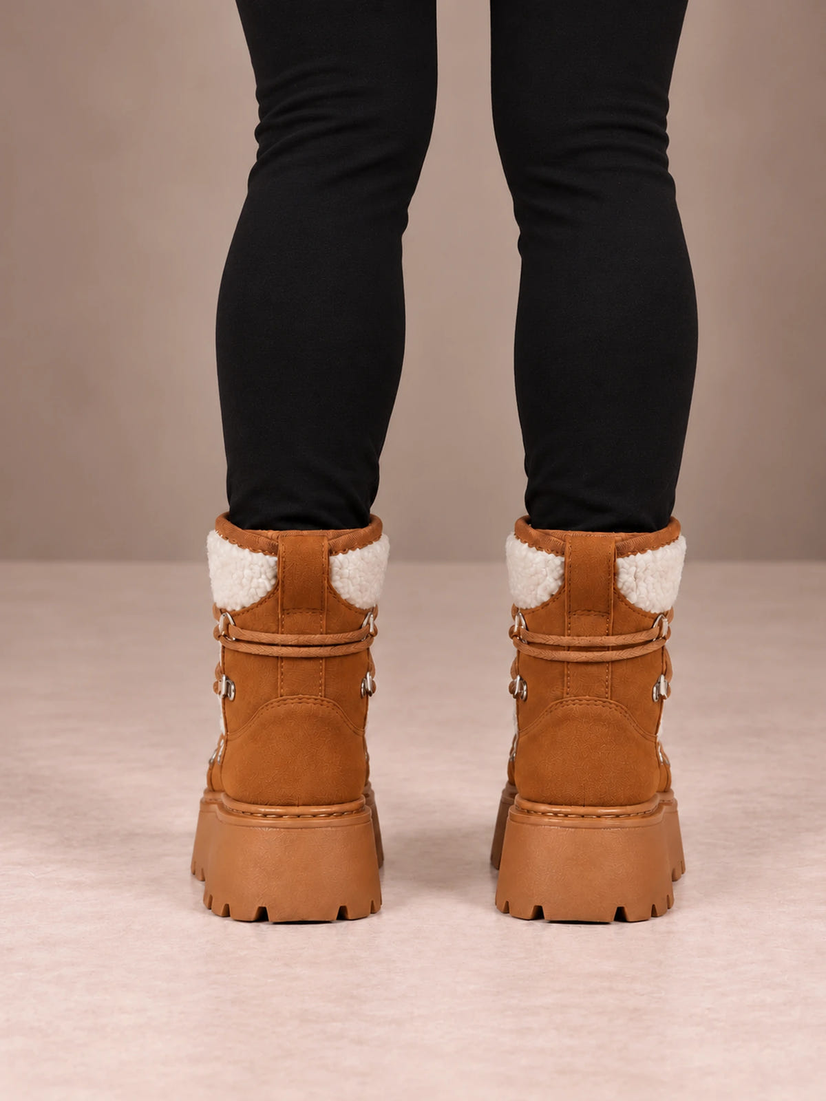 Women's Lace-Up Hiking Snow Boots – Chunky Platform Knit Collar in Chestnut, back view