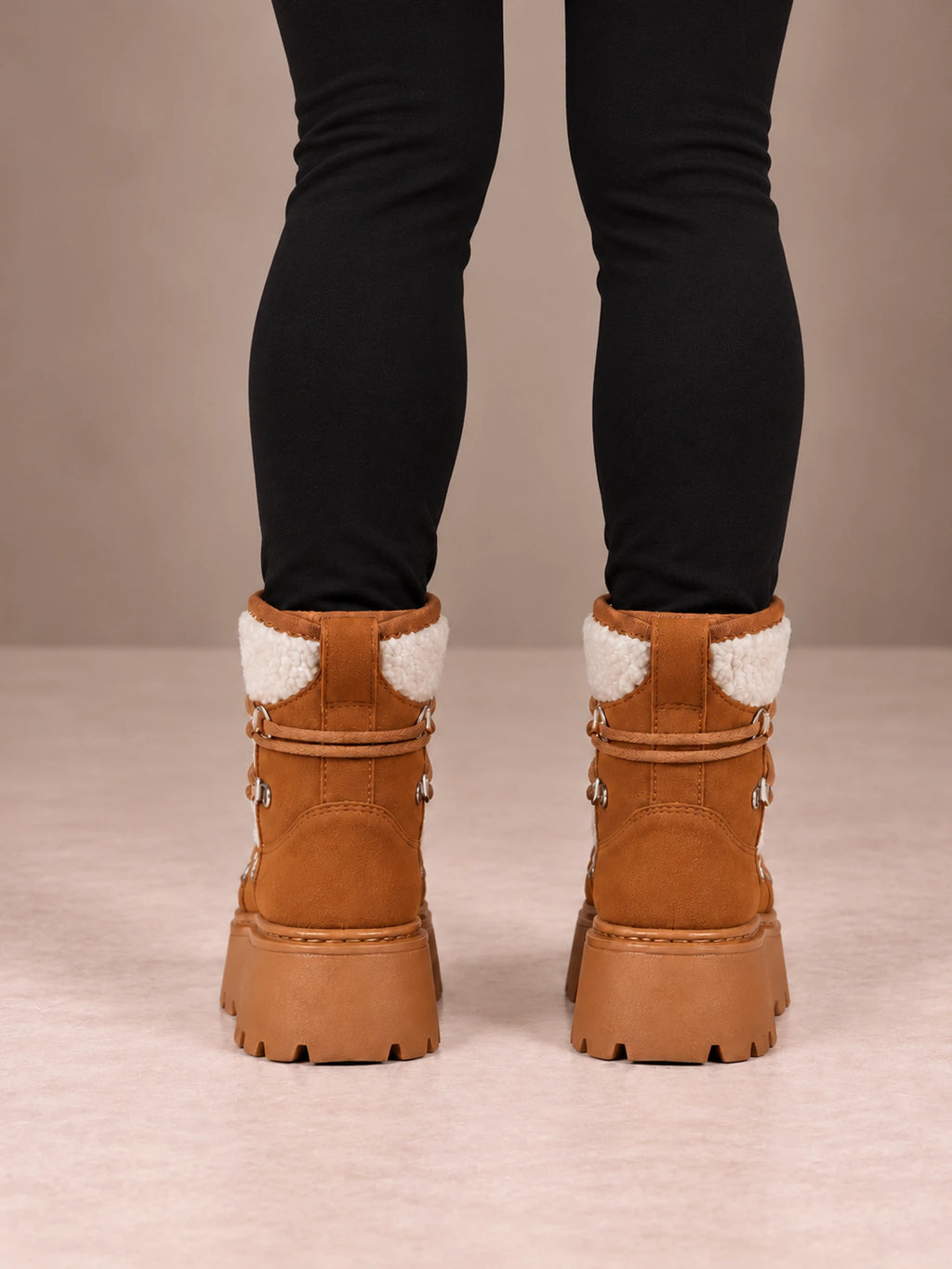 Women's Lace-Up Hiking Snow Boots – Chunky Platform Knit Collar in Chestnut, back view