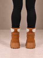 Women's Lace-Up Hiking Snow Boots – Chunky Platform Knit Collar in Chestnut, back view