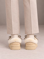 Women's Platform Slipper Mules – Fleece Trim Bow Lace in Sand, back view