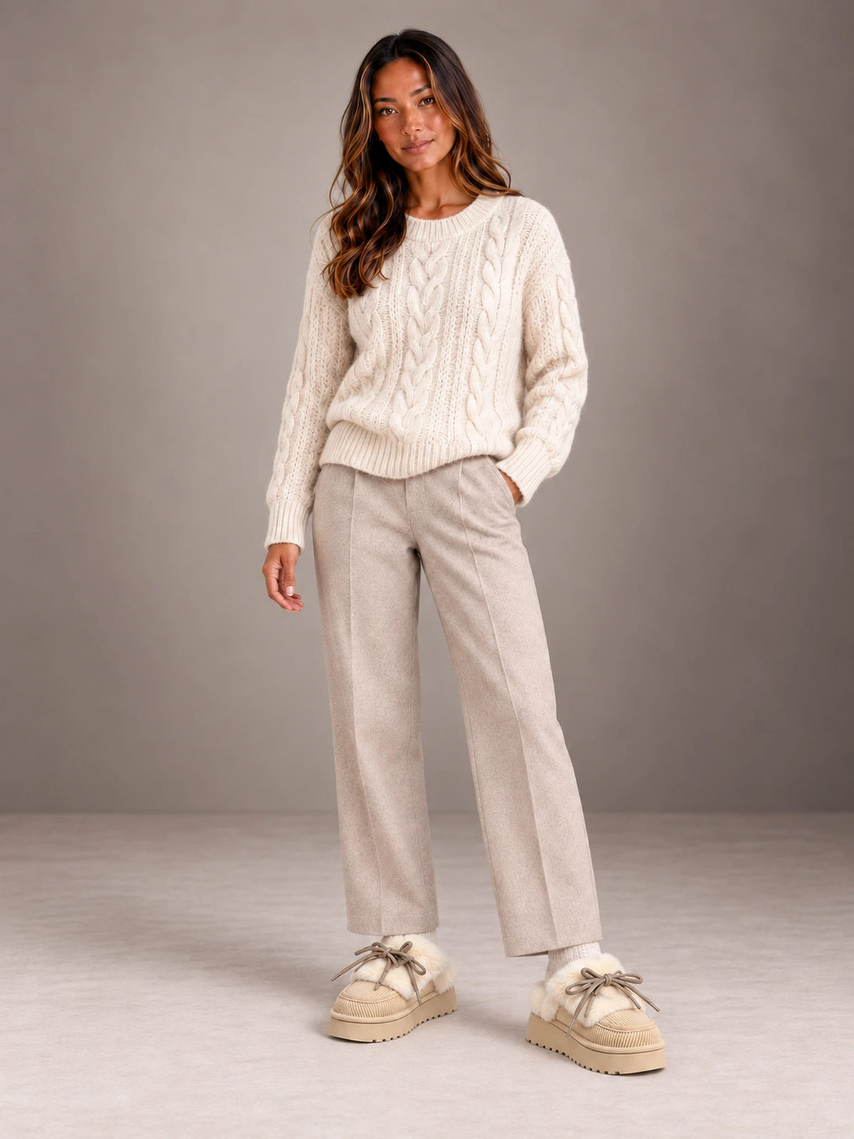Women's Platform Slipper Mules – Fleece Trim Bow Lace in Sand, on model view