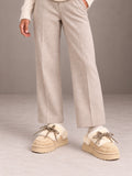 Women's Platform Slipper Mules – Fleece Trim Bow Lace in Sand, front view