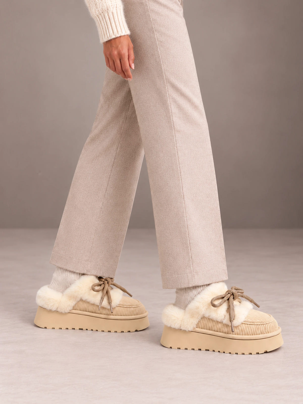 Women's Platform Slipper Mules – Fleece Trim Bow Lace in Sand, side view