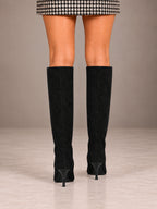 Women's Slouchy Stiletto Boots – Knee-High Faux Suede Heeled in Black, back view