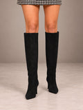 Women's Slouchy Stiletto Boots – Knee-High Faux Suede Heeled in Black, front view