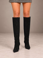 Women's Slouchy Stiletto Boots – Knee-High Faux Suede Heeled in Black, front view