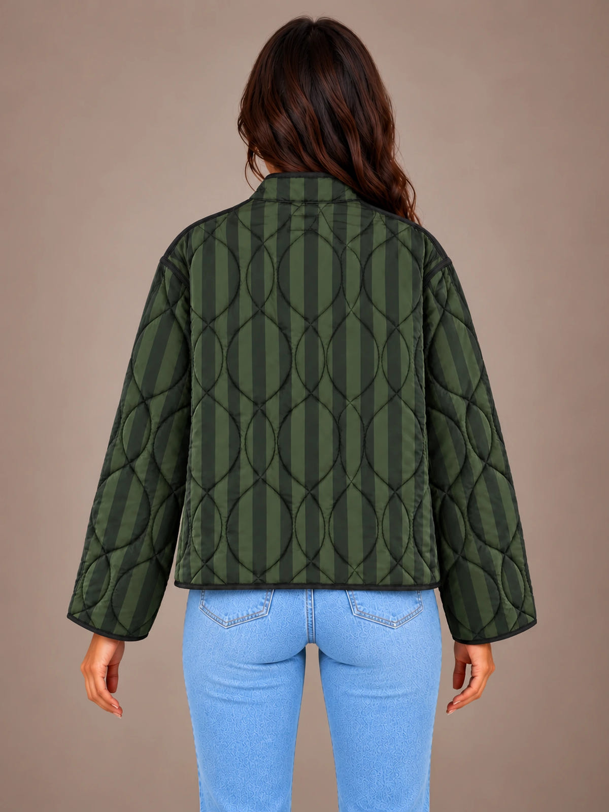 Women's Quilted Stripe Jacket – Frog Closure Mandarin Collar in Green Stripe, back view