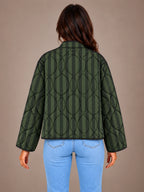 Women's Quilted Stripe Jacket – Frog Closure Mandarin Collar in Green Stripe, back view