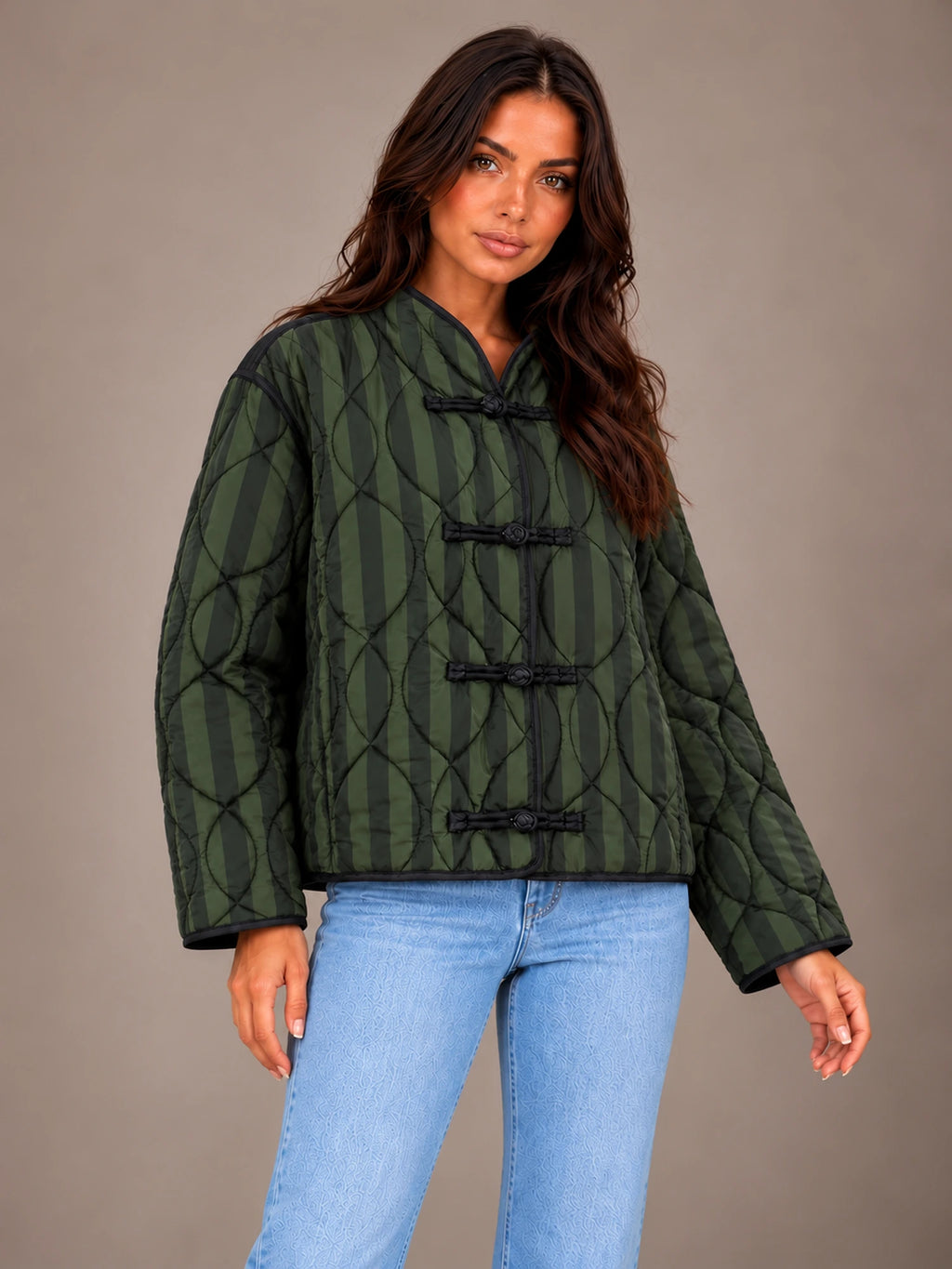 Women's Quilted Stripe Jacket – Frog Closure Mandarin Collar in Green Stripe, on model view