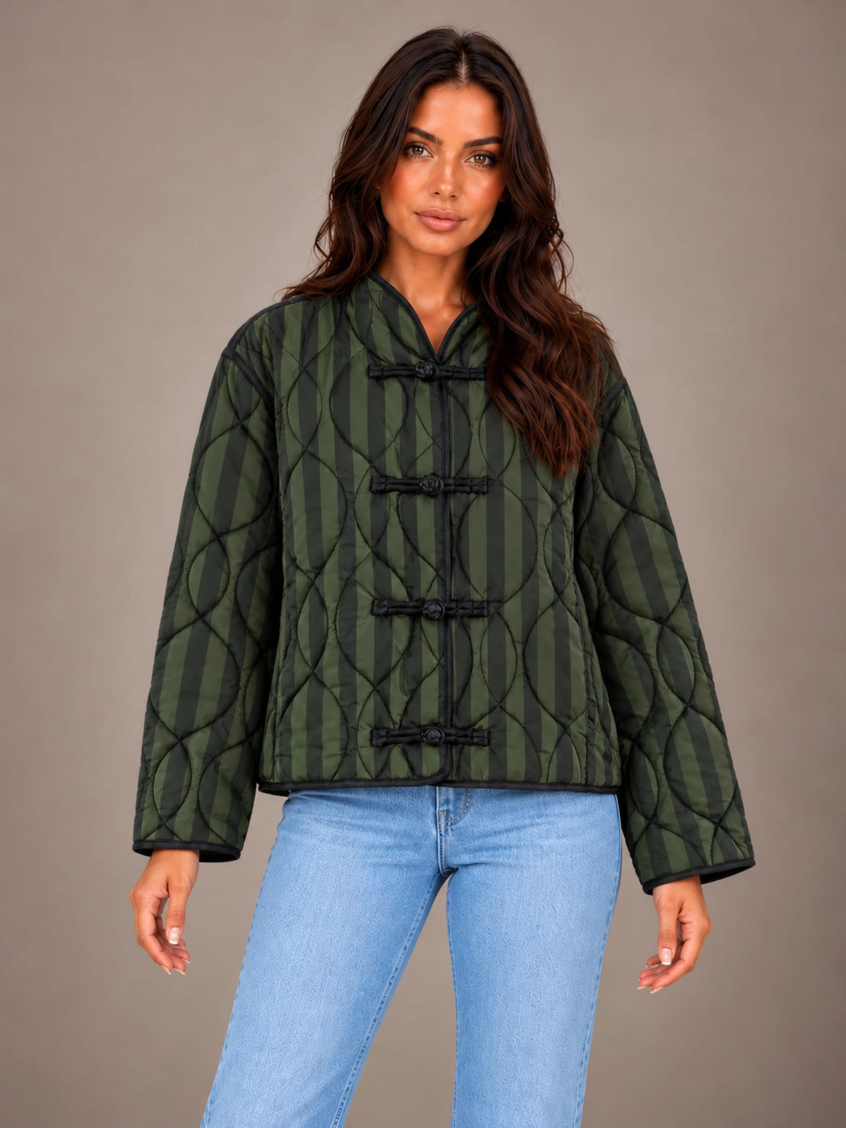 Women's Quilted Stripe Jacket – Frog Closure Mandarin Collar in Green Stripe, front view