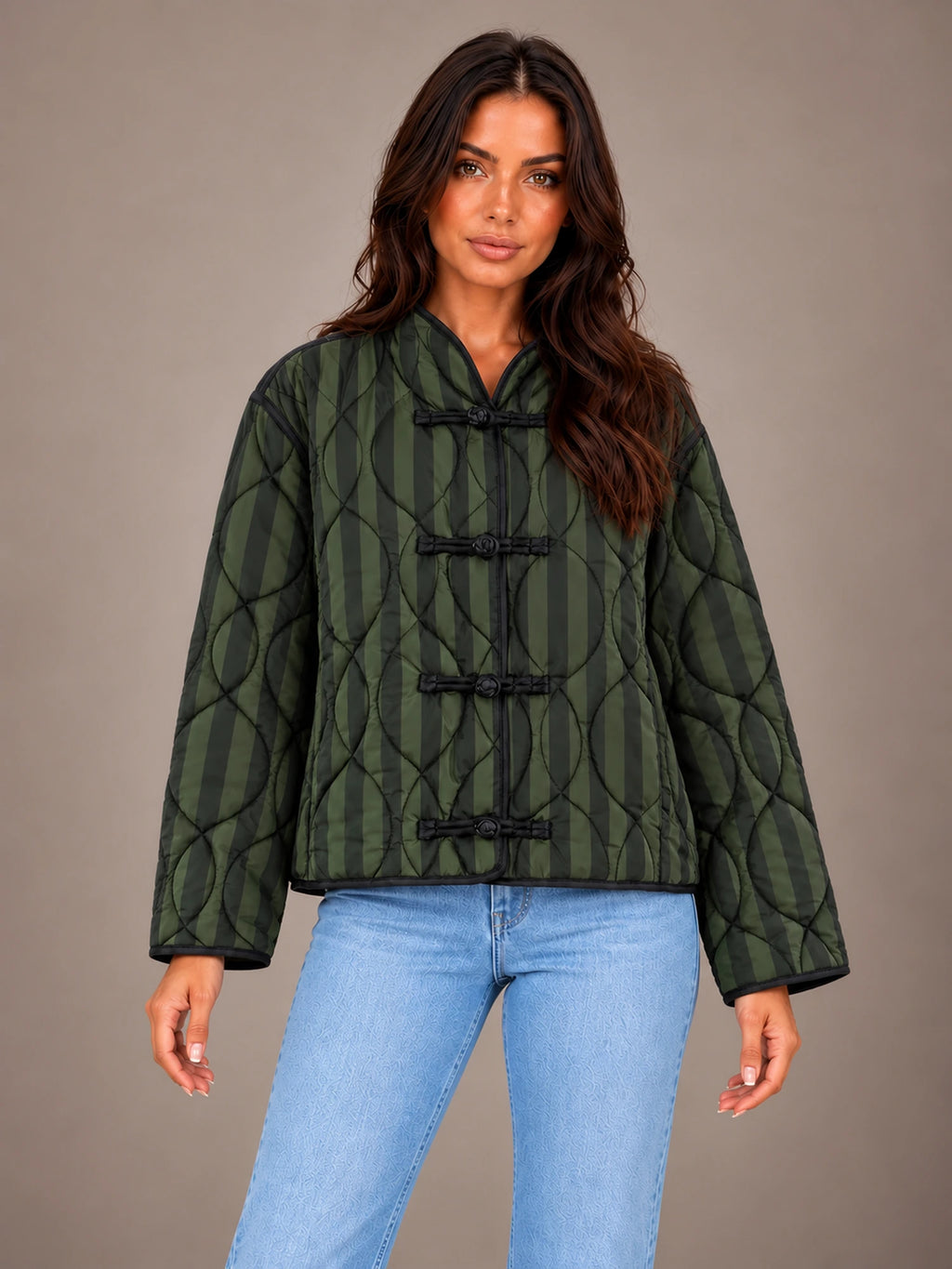 Women's Quilted Stripe Jacket – Frog Closure Mandarin Collar in Green Stripe, front view