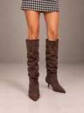 Women's Ruched Slouch Boots – Scrunched Knee-High Kitten Heel in Chocolate, front view